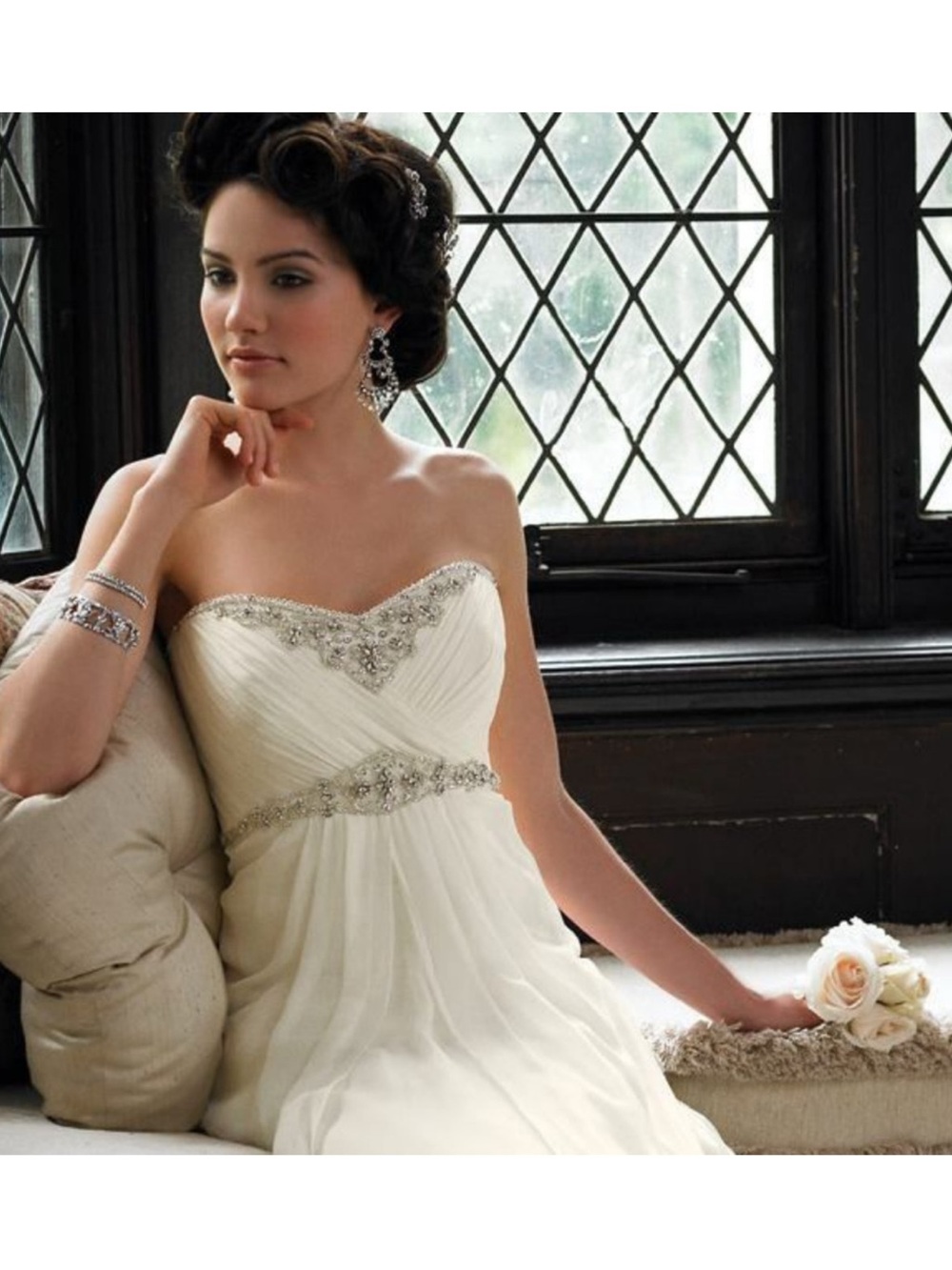 Mon Cheri Strapless Ivory A-Line Gown with Beaded Accents